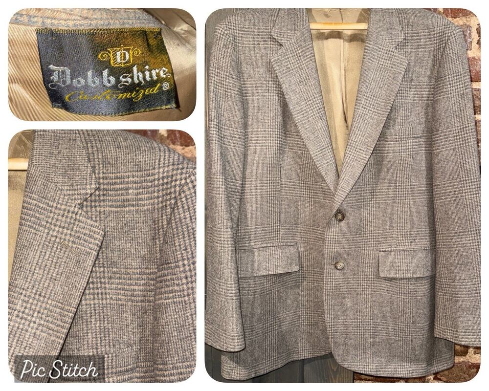 Vintage Dobbshire Mens 100% Wool Muted Beige Glen Plaid Made USA Sport Coat 42R